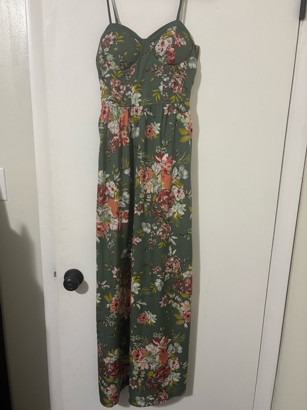 Olive Green Floral Maxi Dress with Spaghetti Straps